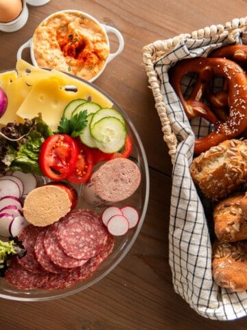 German rolls, pretzels, meats, cheeses and eggs for German breakfast