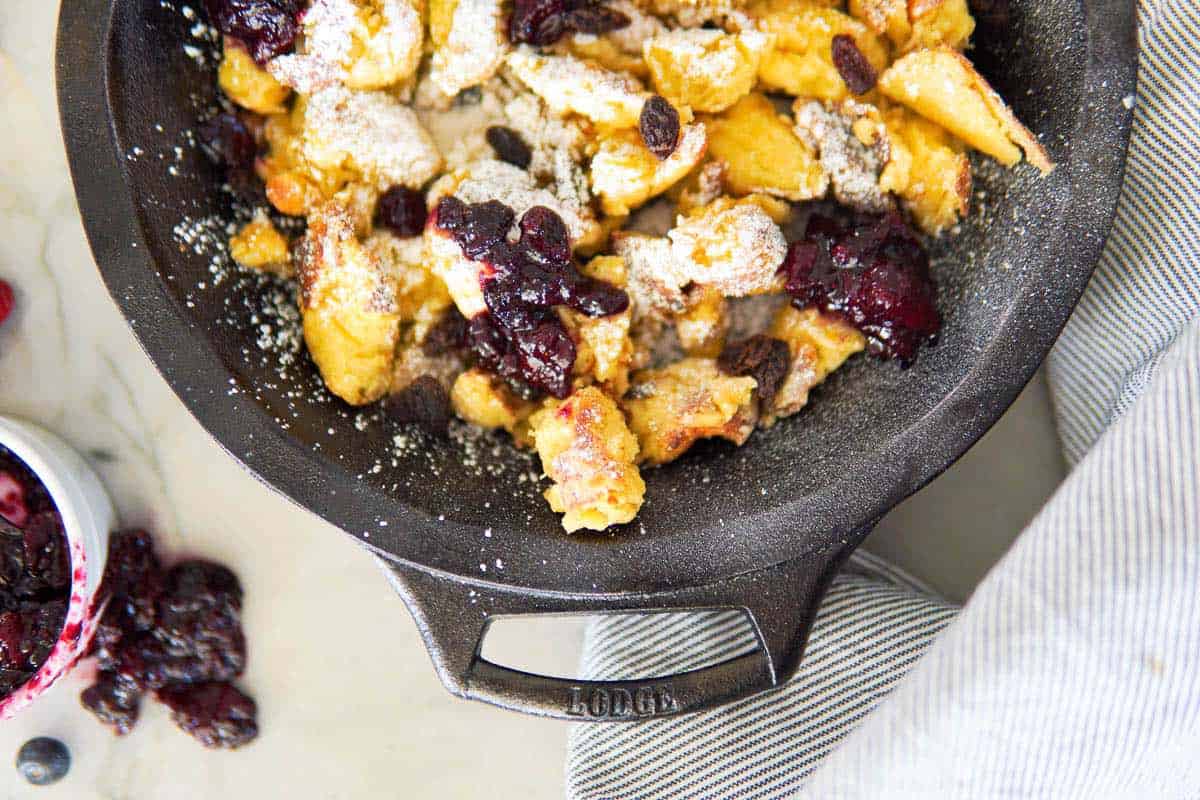 closeup of Kaiserschmarrn in a cast iron skillet