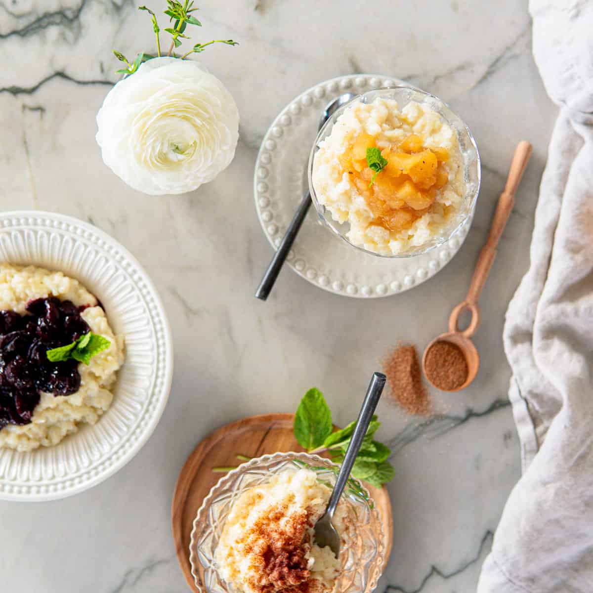 rice pudding with different toppings