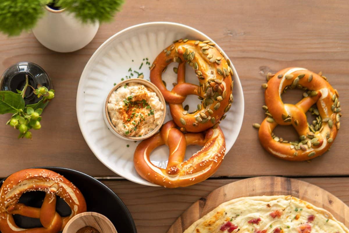 plate with pretzels and Obatzda cheese dip