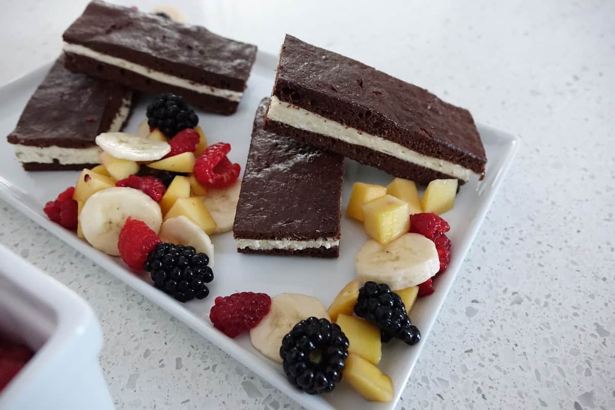 Milchschnitte and fruit salad ready to eat!