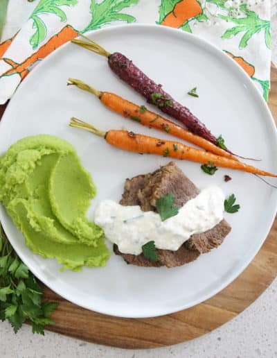 Ready to Eat! Corned Beef Brisket with Roasted Herb Carrots and Mashed Pea & Potato Puree