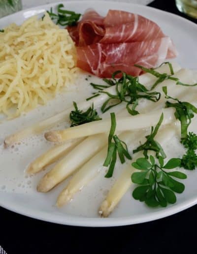 White Asparagus with Potato Snow and Cured Ham