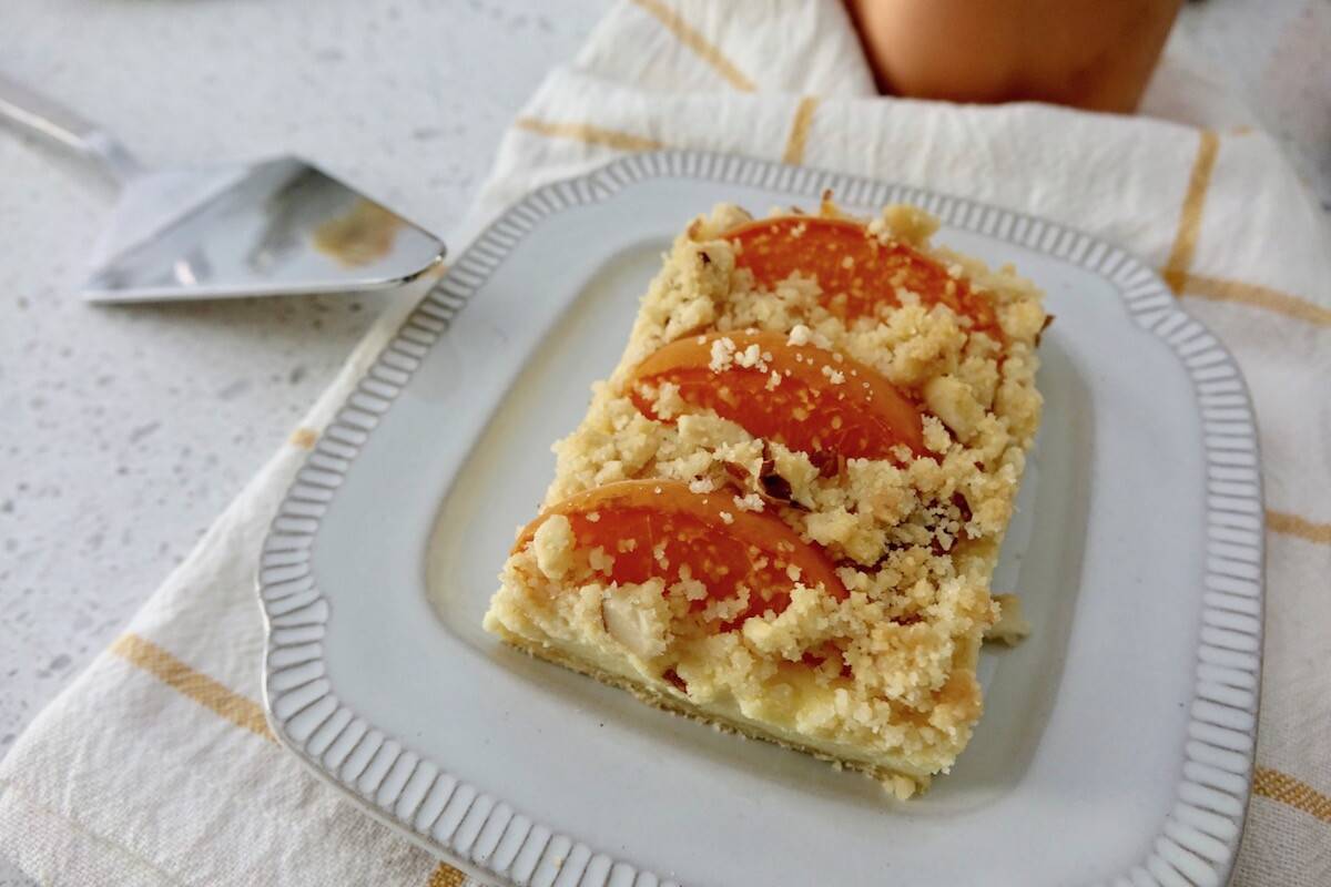German Apricot Quark Cheesecake with Almond Streusel Topping