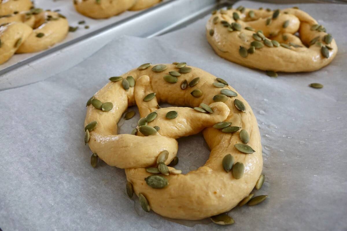 German pumpkin pretzels before baking