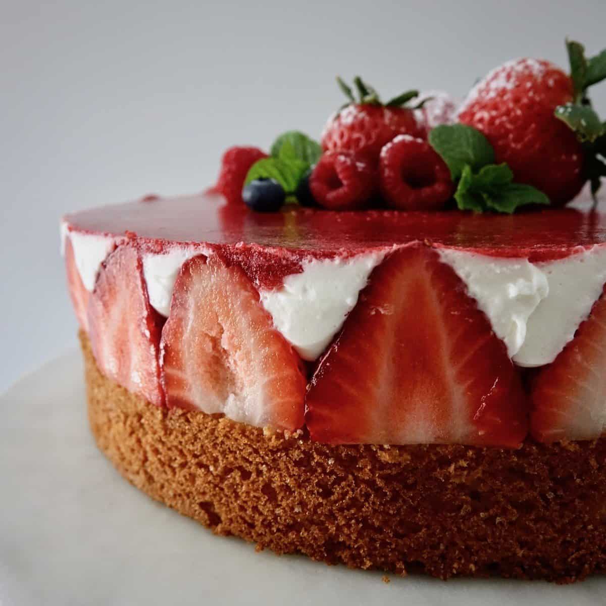 Berry yogurt cake after setting up in the fridge overnight
