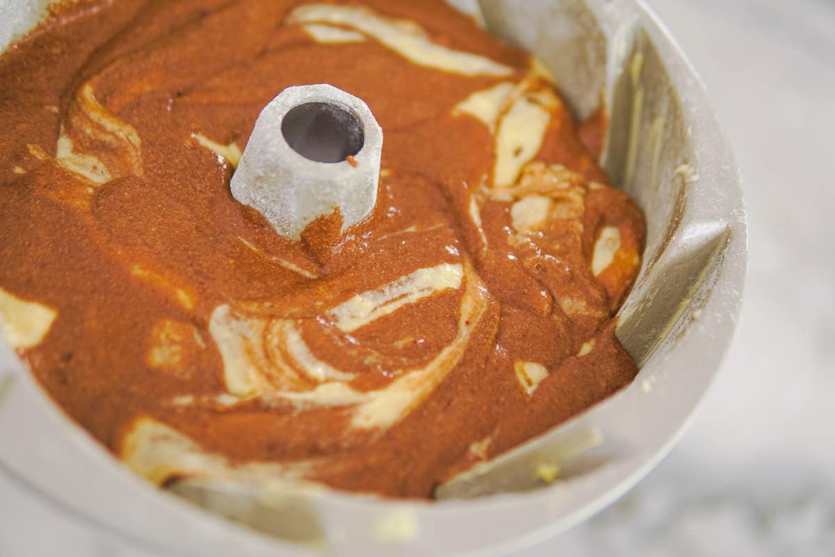 pan filled with batter before baking