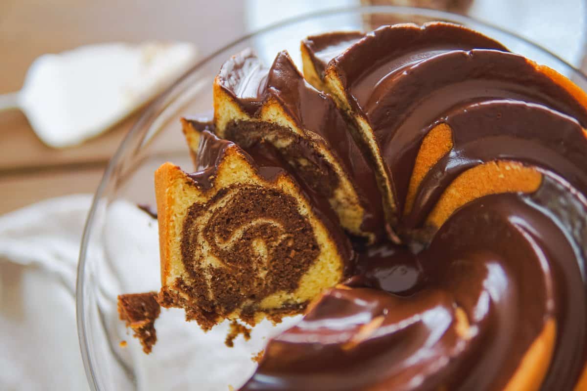 closeup of marble cake on a cake platter