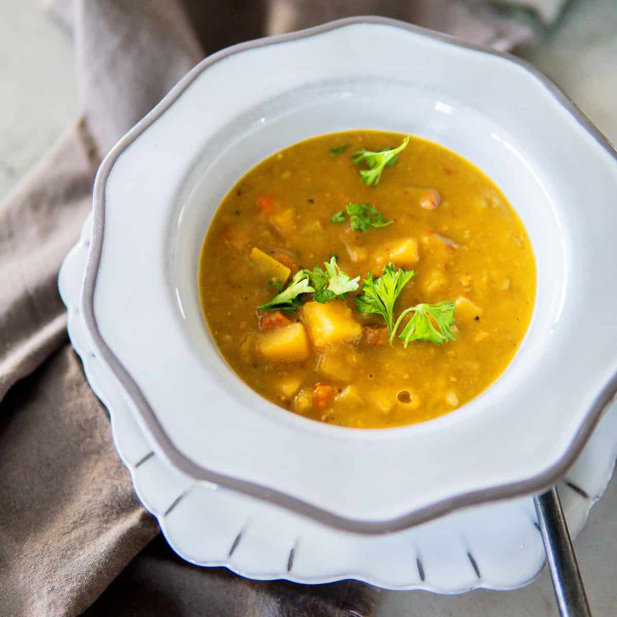 closeup of a bowl of split pea soup