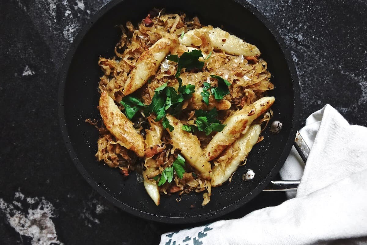 skillet of Schupfnudeln German potato noodles