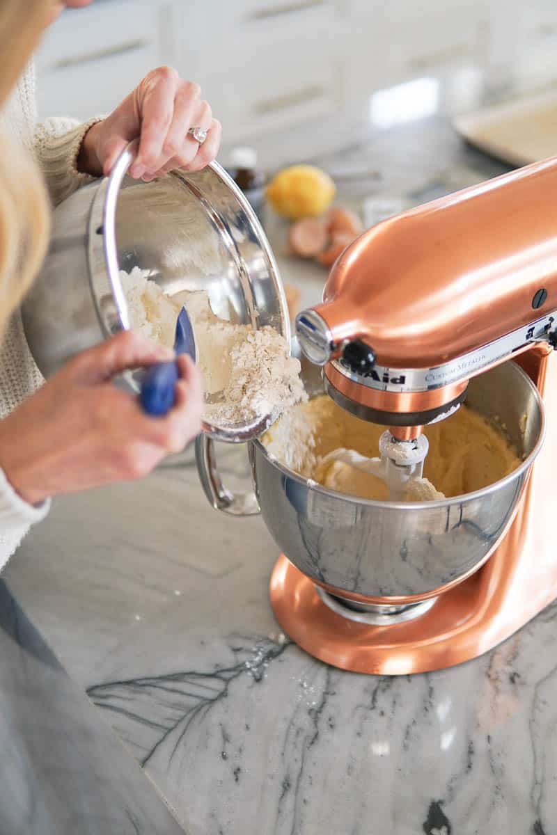 making the cake batter in a stand mixer