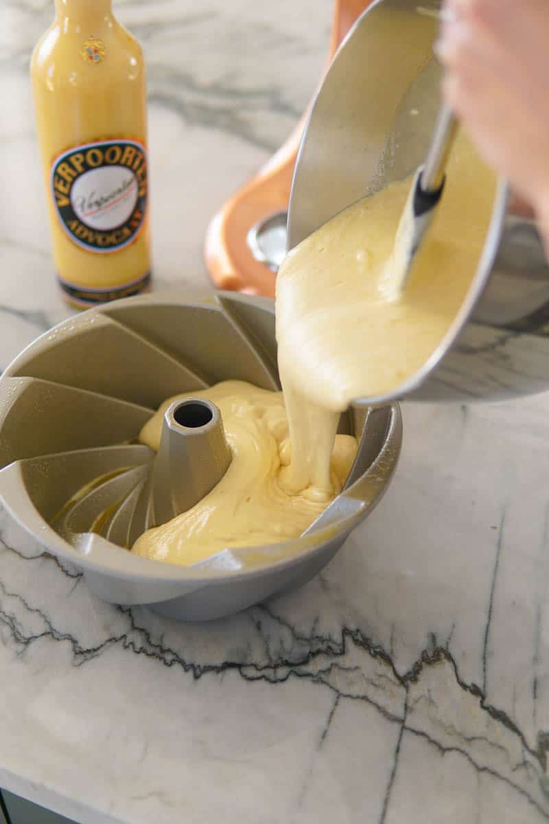 Pouring batter into bundt pan
