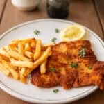 German pork schnitzel on a plate with fries and lemon