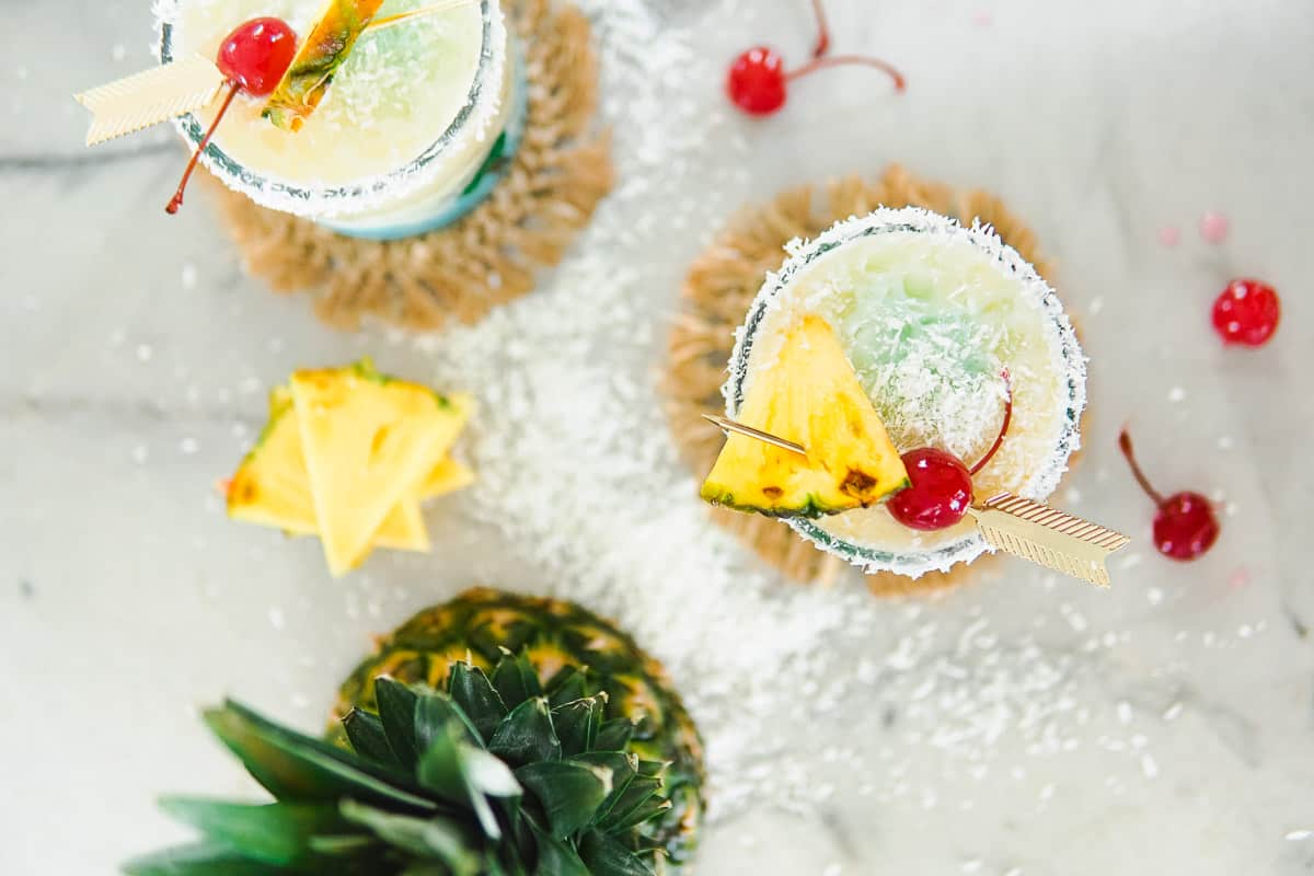 swimming pool cocktails and pineapple from above