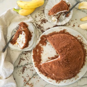 mole cake on a platter and two slices of cake next to it