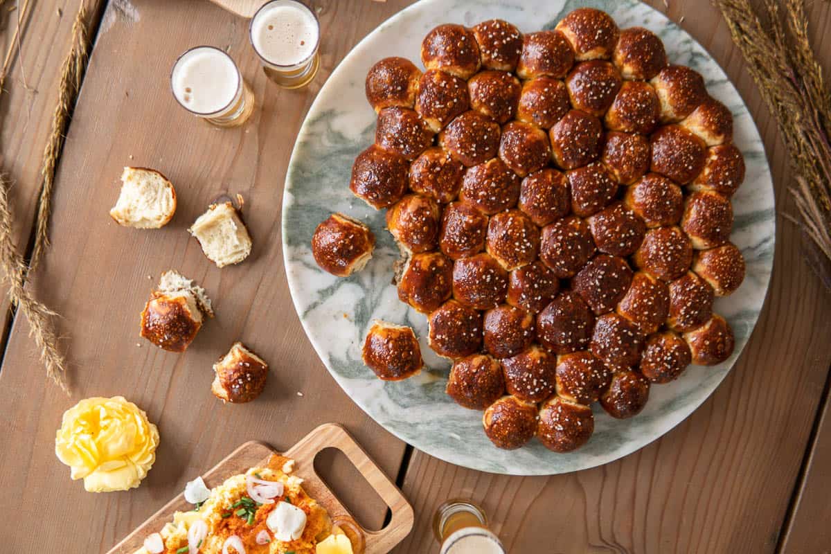 top view of the bubble bread sitting on a pretty platter on a wooden table