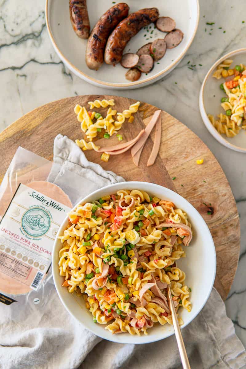 German bratwurst and creamy pasta salad