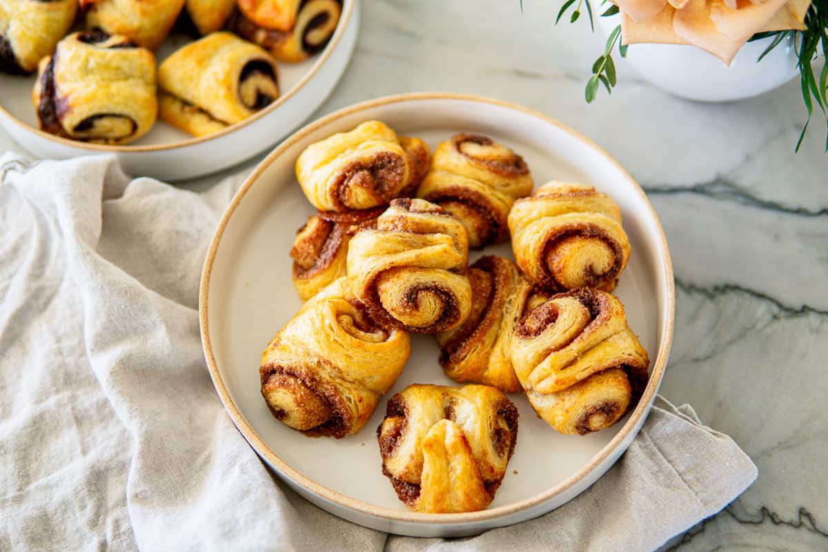 franzbrötchen with cinnamon sugar filling and with chocolate filling in the back