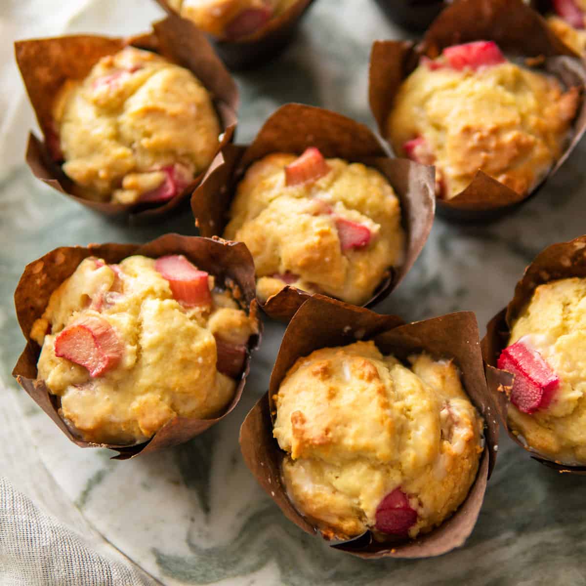 rhubarb muffins on marble platter