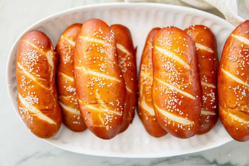 Homemade pretzel buns for hot dogs (Laugenstangen) dirndl kitchen