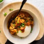 Authentic Gumbo in a bowl with rice, inspired by the German Coast in Louisiana.