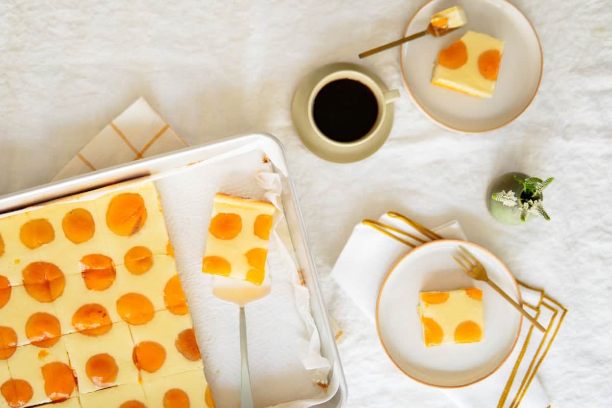 German cheesecake with apricots on sheet pan next to plated cake and cup of coffee. 