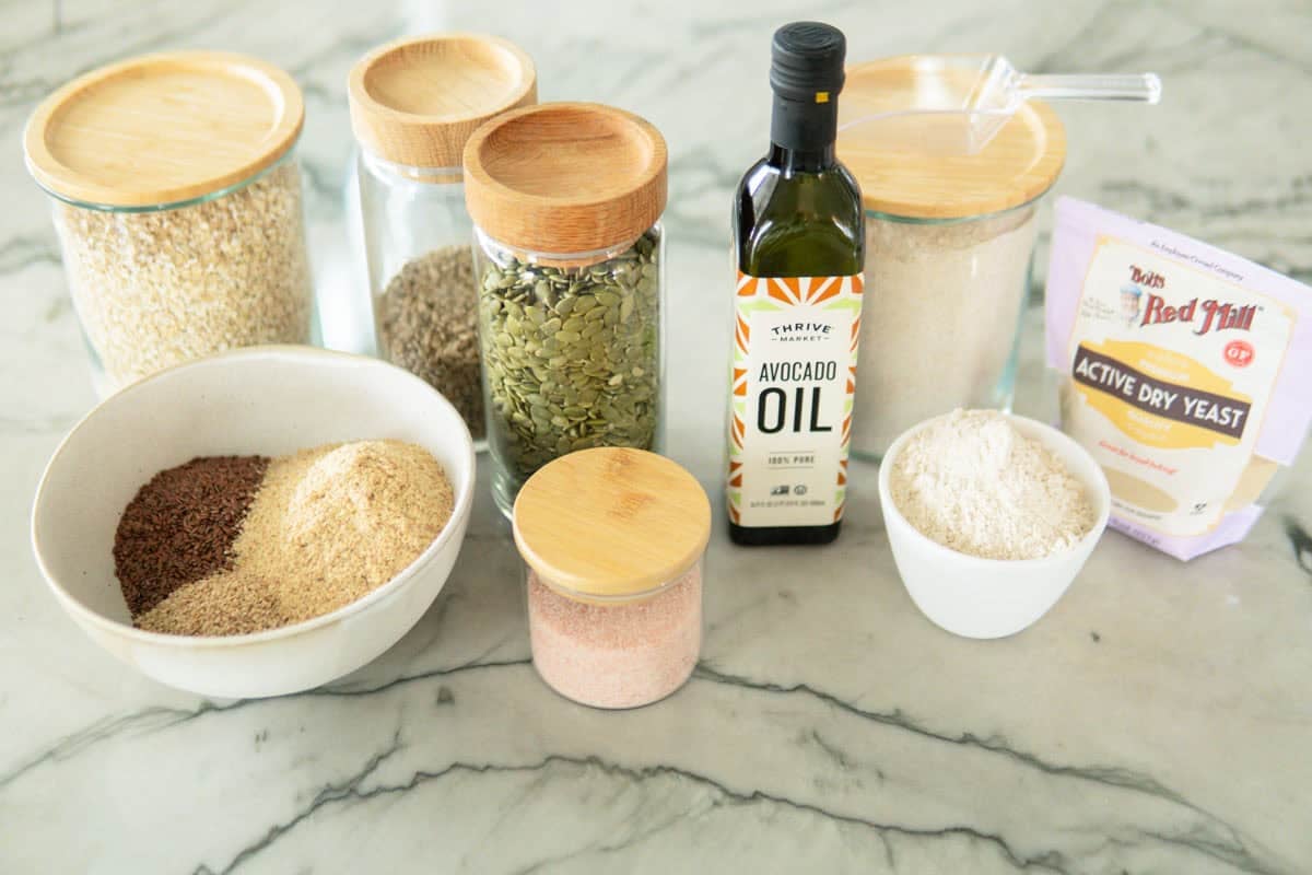 Ingredients for German whole grain bread with seeds.