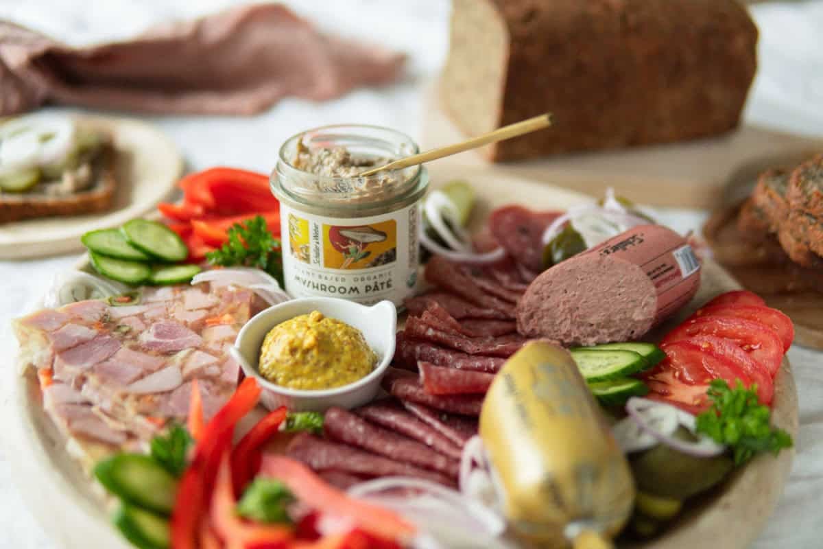 German style meat and cheese board with Schaller & Weber meats and spreads.
