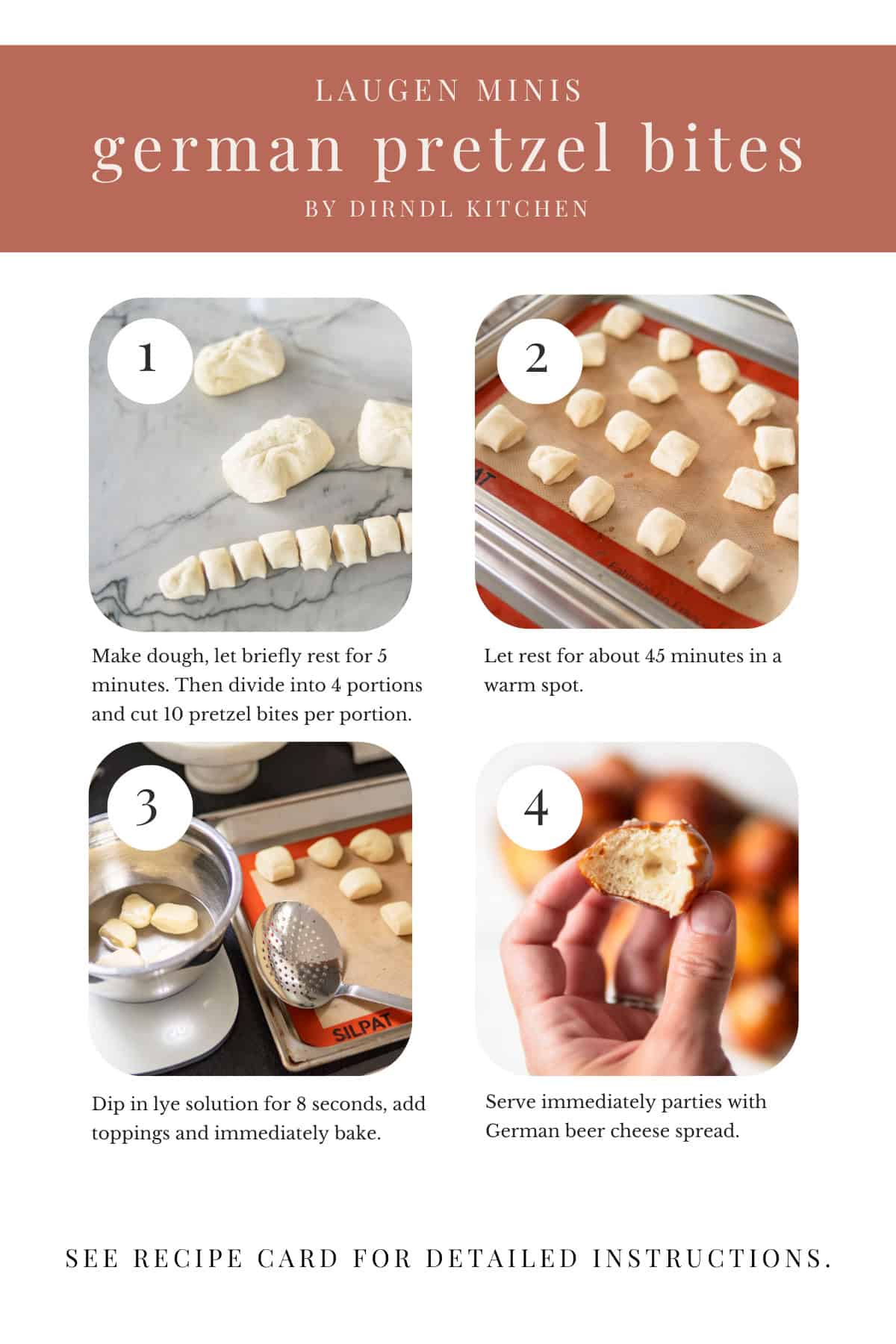 Step by step images for making homemade pretzel bites.